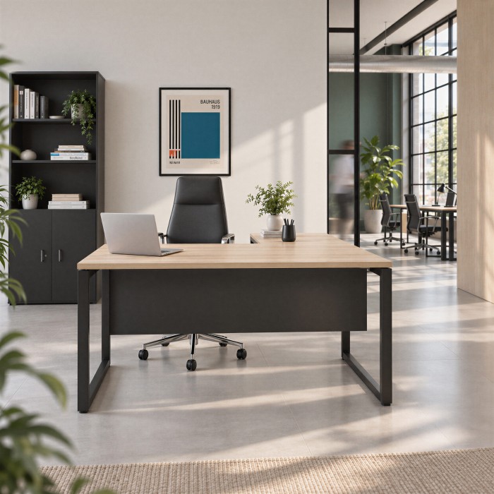 Büro mit Schreibtisch Regina Winkelförmig in Eiche und Schwarz