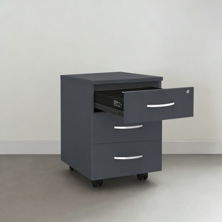 Holz-Rollcontainer Omega Graphit mit geöffneter Schublade